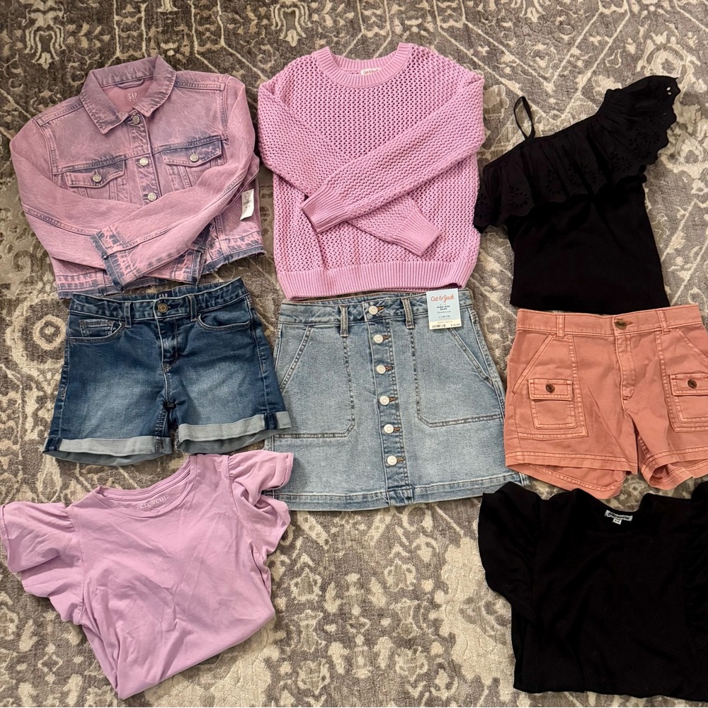Girls sz 12 spring summer set denim skirt and jacket, open knit sweater shorts
